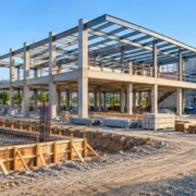 building-construction-basics-feature-image Commercial building site showing reinforced foundations, a structural frame, and a completed exterior section to illustrate the construction sequence.