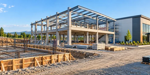 Commercial building site showing reinforced foundations, a structural frame, and a completed exterior section to illustrate the construction sequence.