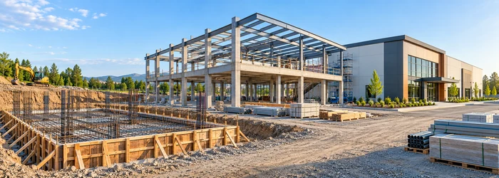 Commercial building site showing reinforced foundations, a structural frame, and a completed exterior section to illustrate the construction sequence.