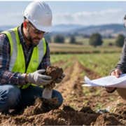 Soil engineer examines a sample while a home designer reviews plans on an agricultural parcel before considering a house build.