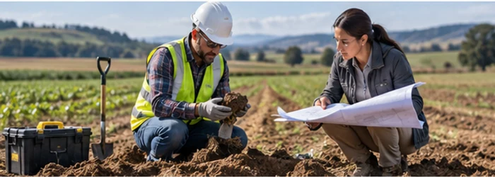 Soil engineer examines a sample while a home designer reviews plans on an agricultural parcel before considering a house build.