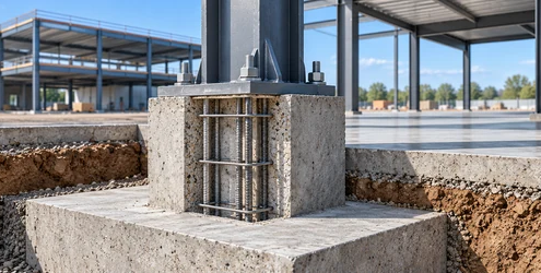 Reinforced concrete pedestal on a footing supporting a steel column base plate with anchor bolts.