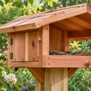 Male Northern Cardinal perches beside a cedar nesting shelter with a broad roof in a leafy backyard.