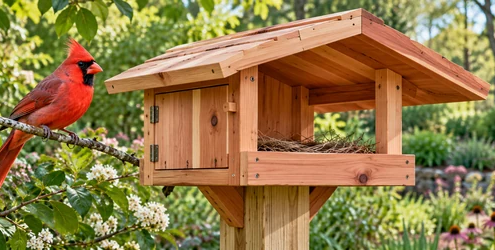 Male Northern Cardinal perches beside a cedar nesting shelter with a broad roof in a leafy backyard.