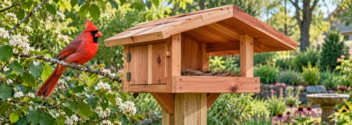Male Northern Cardinal perches beside a cedar nesting shelter with a broad roof in a leafy backyard.