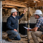 Engineer and builder inspect a shored cellar excavation beneath an existing house foundation, with temporary supports and drainage visible.