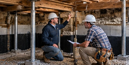 Engineer and builder inspect a shored cellar excavation beneath an existing house foundation, with temporary supports and drainage visible.