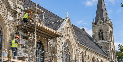 Masons restore a church facade and roof from scaffolding, carefully repairing stonework around the arched windows.