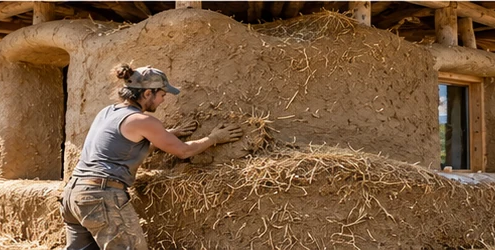 Builder shapes a thick earthen cob wall mixed with visible straw while constructing a small natural-material house.