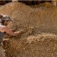 Builder shapes a thick earthen cob wall mixed with visible straw while constructing a small natural-material house.