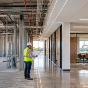 Commercial interior build-out showing unfinished core-and-shell space transitioning to a completed office with walls, lighting, HVAC, flooring, and furnishings.