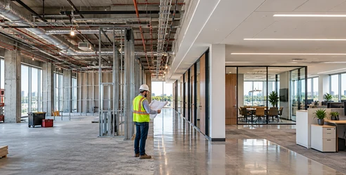 Commercial interior build-out showing unfinished core-and-shell space transitioning to a completed office with walls, lighting, HVAC, flooring, and furnishings.