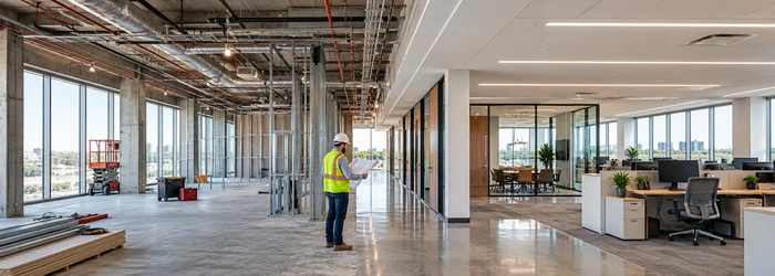 Commercial interior build-out showing unfinished core-and-shell space transitioning to a completed office with walls, lighting, HVAC, flooring, and furnishings.