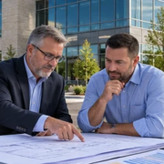 Property owner and construction professional review building plans and asset records beside a newly completed commercial office building.