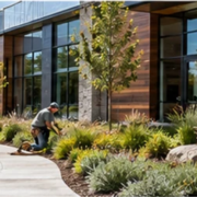 Workers plant shrubs and grasses along a curved walkway outside a modern commercial building.