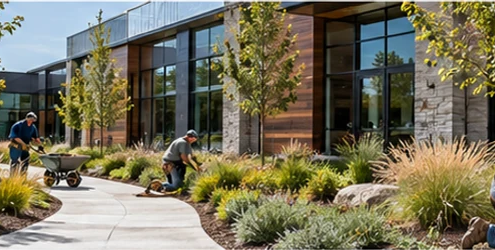 Workers plant shrubs and grasses along a curved walkway outside a modern commercial building.