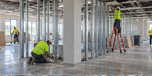 Commercial buildout in progress as a contractor installs interior partitions and ceiling services to turn a shell into a tenant-ready office.