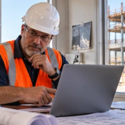 Commercial contractor and estimator compare project plans at a job-site office while preparing a bid for an active building project.