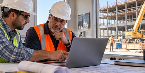 Commercial contractor and estimator compare project plans at a job-site office while preparing a bid for an active building project.