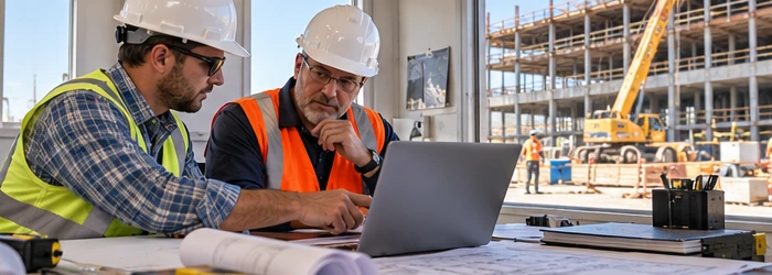 Commercial contractor and estimator compare project plans at a job-site office while preparing a bid for an active building project.