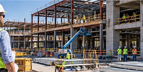 Project manager surveys a complex commercial building site with a steel frame, concrete structure, and coordinated mechanical systems.