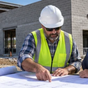 Construction manager and property owner review plans and a cost worksheet beside a commercial building under construction.