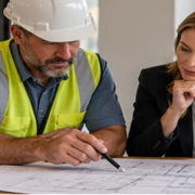 Contractor and commercial client review construction plans and a project schedule together while planning payment milestones.