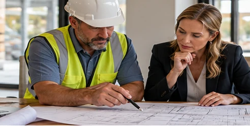 Contractor and commercial client review construction plans and a project schedule together while planning payment milestones.