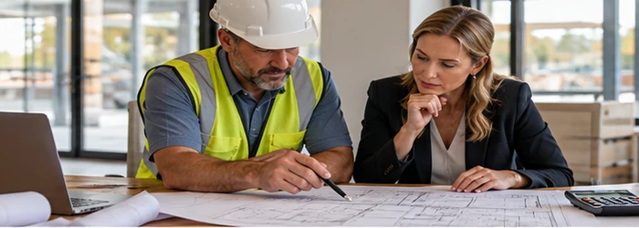 Contractor and commercial client review construction plans and a project schedule together while planning payment milestones.