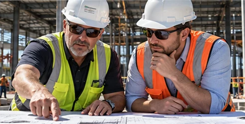 Experienced commercial construction superintendent mentors a project manager while reviewing plans at an active building site.