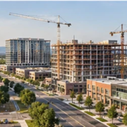 Business district with office, retail, and hotel buildings at different construction stages, with cranes above the skyline.