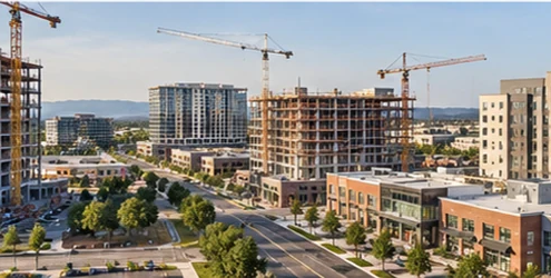 Business district with office, retail, and hotel buildings at different construction stages, with cranes above the skyline.