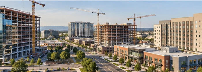 Business district with office, retail, and hotel buildings at different construction stages, with cranes above the skyline.