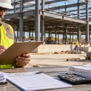 Construction manager reviewing labor and materials records at a commercial construction site in Texas.