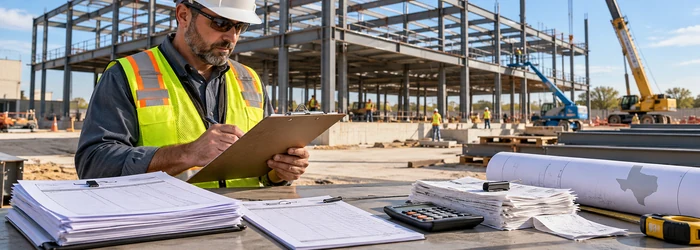 Construction manager reviewing labor and materials records at a commercial construction site in Texas.