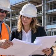 Commercial contractor and client review project plans and licensing paperwork beside an active construction site.