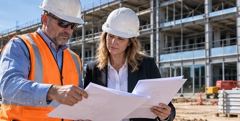 Commercial contractor and client review project plans and licensing paperwork beside an active construction site.