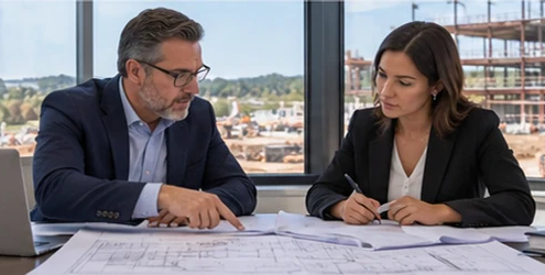 Property developer and lender review commercial construction plans and financing documents beside a project site, with no amounts shown.
