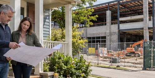 Homeowner and project planner review a neighboring commercial development plan from a porch while construction proceeds behind the property boundary.