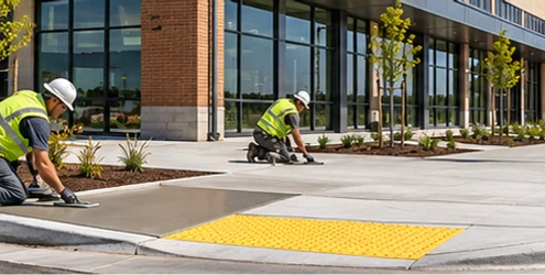 Workers finish a curb ramp and tactile warning surface along a sidewalk beside a new commercial building.