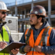 Construction site supervisor speaks with a crew member beside a parked work truck before the shift, supporting safe transport and fitness-for-duty practices.