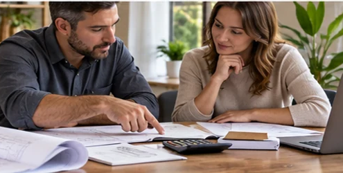 Contractor and client review fee documents, construction plans, and a calculator at a meeting table.