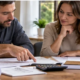 Contractor and client review fee documents, construction plans, and a calculator at a meeting table.
