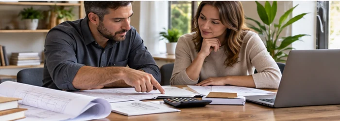 Contractor and client review fee documents, construction plans, and a calculator at a meeting table.