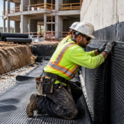 Waterproofing specialist installs a membrane on a commercial foundation wall as a superintendent checks the work.