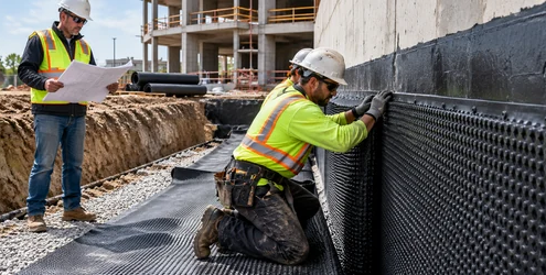 Waterproofing specialist installs a membrane on a commercial foundation wall as a superintendent checks the work.