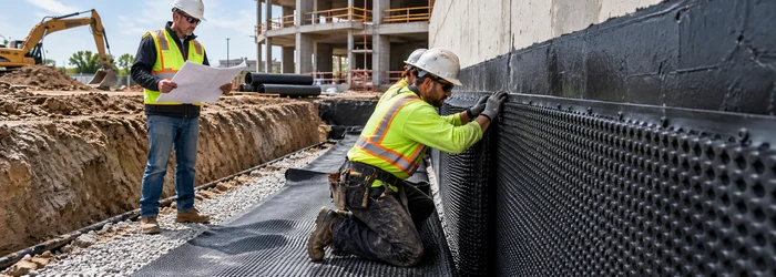 Waterproofing specialist installs a membrane on a commercial foundation wall as a superintendent checks the work.