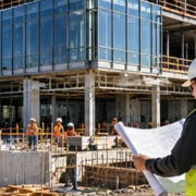 Commercial construction crew and manager coordinate steel framing, glazing, concrete and site work on a nonresidential office building.