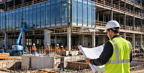Commercial construction crew and manager coordinate steel framing, glazing, concrete and site work on a nonresidential office building.
