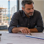 Commercial estimator and project manager review a building plan and scale ruler overlooking an active construction site, with no costs shown.